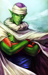 Rule 34 | 1boy, cape, colored skin, dragon ball, dragonball z, green skin, hat, male focus, manly, noa ikeda, piccolo, pointy ears, realistic, shoulder pads, solo, turban