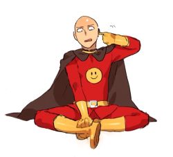 Rule 34 | 1boy, anpanman, anpanman (character), anpanman (character) (cosplay), bald, belt, cape, cosplay, gloves, indian style, look-alike, looking to the side, male focus, name connection, oimo (14sainobba), one-punch man, saitama (one-punch man), simple background, sitting, solo, white background, yellow gloves