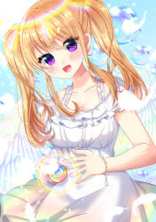Rule 34 | 1girl, :d, blonde hair, blush, bracelet, breasts, bubble, cleavage, collarbone, commentary request, dress, feathered wings, feathers, hair between eyes, highres, jewelry, long hair, looking at viewer, medium breasts, misaki (misaki86), off-shoulder dress, off shoulder, open mouth, orb, original, purple eyes, rainbow, smile, solo, twintails, white dress, white feathers, white wings, wings