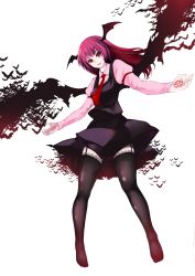 Rule 34 | 1girl, absurdres, arm belt, bat (animal), bat wings, black thighhighs, female focus, garter straps, head wings, highres, huangquan dong (sinchi), koakuma, lips, long hair, long sleeves, magic circle, necktie, open mouth, outstretched arms, red eyes, red hair, red necktie, simple background, skirt, skirt set, slit pupils, smile, solo, thighhighs, touhou, white background, wings