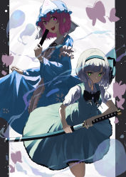 Rule 34 | 2girls, 38 (sanjuuhachi), absurdres, black bow, black bowtie, black hairband, blue dress, blue headwear, bow, bowtie, bright pupils, bug, butterfly, closed mouth, commentary, dress, fighting stance, green eyes, green skirt, green vest, hair bow, hairband, hand up, hat, highres, holding, holding sword, holding weapon, insect, katana, konpaku youmu, long dress, looking at viewer, mob cap, multiple girls, open mouth, pillarboxed, pink eyes, pink hair, ready to draw, saigyouji yuyuko, shirt, short hair, short sleeves, silver hair, skirt, skirt hold, smile, sword, teeth, touhou, upper teeth only, vest, weapon, white pupils, white shirt