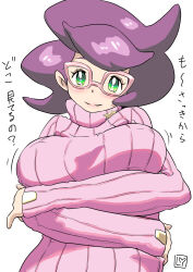 Rule 34 | 1girl, arms under breasts, big hair, blush, breasts, creatures (company), game freak, glasses, green eyes, highres, large breasts, li (lithium0522), long sleeves, nintendo, pink-framed eyewear, pink sweater, pokemon, pokemon sm, purple hair, ribbed sweater, solo, sweater, translated, turtleneck, turtleneck sweater, white background, wicke (pokemon)