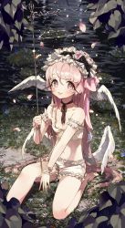 Rule 34 | 1girl, :p, angel wings, bad id, bad pixiv id, bird wings, bloomers, blush, bra, choker, fake halo, flower, grass, hairband, halo, head wings, highres, holding, leaf, lolita hairband, long hair, looking at viewer, low wings, original, outdoors, petals, pink eyes, pink hair, ribbon choker, rose, sitting, solo, tongue, tongue out, tonito, underwear, very long hair, water, wings, wrist cuffs