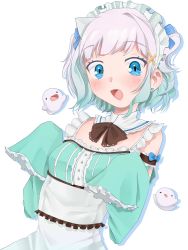 Rule 34 | 1girl, :o, apron, black bow, blue bow, blue eyes, blush, bow, commentary, detached collar, dress, earrings, english commentary, ghost, gradient hair, green dress, green hair, hair behind ear, highres, indie virtual youtuber, jewelry, looking down, maid, maid apron, maid headdress, mint fantome, multicolored hair, open mouth, sleeves past fingers, sleeves past wrists, solo, two side up, virambs, virtual youtuber, white hair