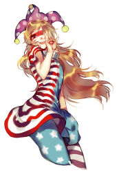 Rule 34 | 1girl, american flag dress, american flag legwear, american flag shirt, blonde hair, clownpiece, cowboy shot, hair over one eye, hat, hug (artist), hug (yourhug), jester cap, long hair, looking at viewer, makeup, mask, neck ruff, no wings, open mouth, pantyhose, polka dot headwear, red eyes, red lips, round teeth, short sleeves, simple background, sketch, smile, solo, star (symbol), star print, striped clothes, striped pantyhose, teeth, touhou, very long hair, white background