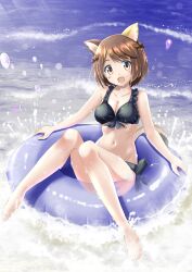 Rule 34 | 1girl, absurdres, animal ears, bikini, black bikini, blush, braid, breasts, brown hair, cat ears, cat tail, cleavage, highres, looking at viewer, luminous witches, medium breasts, navel, ocean, open mouth, red liquid (artist), shibuya inori, short hair, smile, solo, swimsuit, tail, world witches series