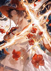 Rule 34 | 1boy, cowboy shot, fire, flower, from below, hat, highres, looking at viewer, male focus, one piece, portgas d. ace, red flower, short hair, smile, solo, sqloveraven, toned, toned male