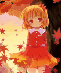 Rule 34 | 1girl, aki shizuha, autumn, autumn leaves, bad id, bad pixiv id, blonde hair, buttons, chaba (hortensia), closed mouth, collared shirt, eyes visible through hair, female focus, frilled shirt collar, frills, hair ornament, leaf, leaf hair ornament, long sleeves, looking at viewer, maple leaf, red eyes, red vest, shirt, short hair, skirt, solo, touhou, tree, vest, white shirt