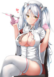 Rule 34 | 1girl, absurdres, azur lane, blush, breasts, brown eyes, center opening, closed mouth, cosplay, cross, crossed legs, feet out of frame, gloves, hair between eyes, half gloves, hat, heart, highres, holding, holding syringe, id card, iron cross, large breasts, long hair, looking at viewer, mole, moyoron, multicolored hair, nurse, nurse cap, perseus (azur lane), perseus (azur lane) (cosplay), perseus (unfamiliar duties) (azur lane), pink gloves, pink hair, prinz eugen (azur lane), red hair, silver hair, simple background, sitting, smile, solo, streaked hair, syringe, thighhighs, thighs, twintails, two side up, very long hair, white background, white hat, white thighhighs