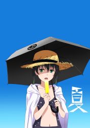 Rule 34 | 1girl, absurdres, beach umbrella, black hair, black one-piece swimsuit, blue background, breasts, collarbone, food, gradient hair, green eyes, hair between eyes, half-closed eyes, hat, highres, holding, holding food, holding popsicle, holding umbrella, hot, jacket, jacket on shoulders, jacket over swimsuit, licking, light blush, looking to the side, love live!, love live! nijigasaki high school idol club, medium breasts, midriff, multicolored hair, navel, one-piece swimsuit, open mouth, partially translated, polka dot, polka dot one-piece swimsuit, polka dot swimsuit, popsicle, solo, straw hat, streaked hair, summer, sweat, swimsuit, takasaki yu, tongue, tongue out, translation request, twintails, two-tone hair, umbrella, yokota takumi