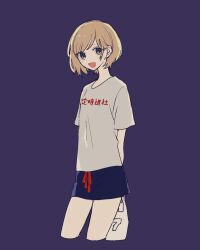 Rule 34 | 1girl, arms behind back, blonde hair, blue eyes, blush stickers, clothes writing, cropped legs, highres, holding, looking at viewer, maco22, open mouth, original, print shirt, purple background, shirt, short hair, short sleeves, shorts, smile, solo, t-shirt, translation request