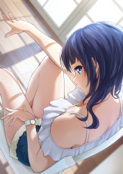 Rule 34 | 1girl, asaka karin, bare shoulders, blue eyes, blue hair, blunt bangs, blush, breasts, camisole, chair, cleavage, closed mouth, commentary request, cutoffs, day, downblouse, frills, from above, from side, highres, indoors, looking at viewer, looking to the side, love live!, love live! nijigasaki high school idol club, love live! school idol project, medium breasts, mole, mole on shoulder, nape, prbili, profile, short shorts, shorts, sideways glance, sitting, smile, solo, sunlight, watch, window shadow, wristwatch