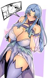 1boy 1girl alternate_breast_size aqua_gloves asymmetrical_gloves blue_hair blush braid breasts cleavage collarbone collared_shirt cosplay curvy dress dutch_angle embarrassed fate/grand_order fate/stay_night fate_(series) genman gloves highres huge_breasts kuzuki_souichirou long_hair medea_(fate) medea_(lily)_(fate) medea_(lily)_(fate)_(cosplay) mismatched_gloves parted_bangs pointy_ears purple_gloves see-through_clothes see-through_sleeves shirt skindentation sweatdrop thighhighs