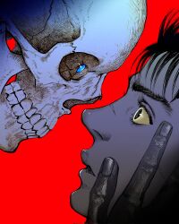 Rule 34 | 1boy, berserk, black hair, blue eyes, colored sclera, commentary, corrupted twitter file, english commentary, eye contact, fingernails, guts (berserk), hands on another&#039;s face, highres, looking at another, nisino2222, open mouth, parted lips, red background, skeleton, skull, teeth