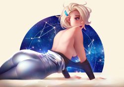 Rule 34 | 1girl, absurdres, ass, audi (tsuaii), back, bare back, bare pectorals, bare shoulders, blonde hair, blue eyes, bodysuit, breasts, commentary, constellation, english commentary, hair ornament, hairclip, highres, looking at viewer, looking back, no bra, open mouth, original, pectorals, short hair, sideboob, skin tight, solo, star (symbol), topless, tsuaii