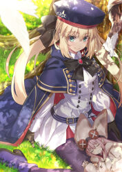 Rule 34 | 2girls, artoria caster (fate), artoria caster (second ascension) (fate), artoria pendragon (fate), belt, beret, bird, black gloves, black pantyhose, blonde hair, blue cape, blue headwear, blush, breasts, buttons, cape, closed eyes, double-breasted, dress, fate/grand order, fate (series), gloves, green eyes, habetrot (fate), hat, highres, hood, hooded cape, long hair, long sleeves, looking at viewer, multicolored cape, multicolored clothes, multiple girls, neko daruma, pantyhose, pink hair, red cape, sitting, sleeping, small breasts, smile, staff, twintails, wariza, white dress