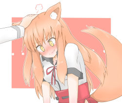 Rule 34 | 1girl, 702 (artist), animal ear fluff, animal ears, blonde hair, blush, breasts, fang, fang out, fate/extra, fate/extra ccc, fate/extra ccc fox tail, fate/grand order, fate (series), fox ears, fox tail, hand on another&#039;s head, highres, long hair, looking down, medium breasts, headpat, solo, solo focus, suzuka gozen (fate), tail, yellow eyes