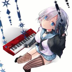Rule 34 | 1girl, asymmetrical legwear, black gloves, black jacket, blue eyes, breasts, closed mouth, collar, commentary request, fishnet thighhighs, fishnets, from above, garter straps, gloves, hair over one eye, hamakaze (kancolle), instrument, jacket, kantai collection, keyboard (instrument), long sleeves, looking at viewer, looking up, medium breasts, natsuki (ukiwakudasai), neckerchief, open clothes, open jacket, school uniform, serafuku, short hair, silver hair, sitting, smile, solo, striped clothes, striped thighhighs, studded collar, thighhighs, uneven legwear, vertical-striped clothes, vertical-striped thighhighs