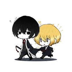 Rule 34 | 0 0, 2boys, :&lt;, black coat, black eyes, black gloves, black hair, black pants, black vest, blonde hair, chibi, closed mouth, coat, collared shirt, colored skin, commentary, crossed bangs, facial scar, gloves, highres, leg belt, limbus company, long sleeves, male focus, multiple boys, n.i, necktie, no nose, notice lines, open clothes, open coat, open mouth, pants, project moon, red necktie, running, scar, scar on cheek, scar on face, shirt, short hair, sinclair (project moon), sweat, symbol-only commentary, vest, walking, white shirt, white skin, yi sang (project moon)