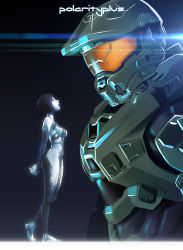Rule 34 | 1boy, 1girl, armor, arms behind back, barefoot, black hair, black skin, bob cut, breasts, colored skin, cortana, halo (game), halo (series), helmet, hologram, lens flare, master chief, multicolored skin, nude, polarityplus, power armor, power suit, reflection, short hair, size difference, two-tone skin, white skin