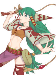 Rule 34 | 1girl, aki hiro, breasts, feena (grandia), grandia, grandia i, green eyes, green hair, hair ornament, hair tubes, highres, jewelry, long hair, looking at viewer, low-tied long hair, midriff, navel, necklace, simple background, skirt, solo, thighhighs, whip, white background, wide sleeves