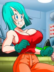 Rule 34 | 1girl, armpits, bare shoulders, blue eyes, bouncing breasts, breasts, bulma, cleavage, clenched teeth, dragon ball, dragonball z, feet out of frame, gloves, green gloves, green hair, hands up, indoors, large breasts, legs, medium hair, motion lines, red tank top, sleeveless, standing, sweatdrop, tank top, teeth, thighs, unaligned breasts, yamamoto doujin
