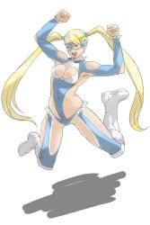 Rule 34 | 1girl, blue ribbon, boots, breasts, celebration, cleavage, cleavage cutout, clenched hand, clothing cutout, closed eyes, female focus, highres, jumping, knee boots, large breasts, leotard, long hair, mask, muscular, muscular female, open mouth, rainbow mika, ribbon, shadow, smile, solo, street fighter, street fighter v, toned, twintails, uheri