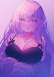 Rule 34 | 1girl, bare shoulders, black nightgown, blue eyes, blush, breasts, commentary, crescent, crescent necklace, highres, jacket, jewelry, large breasts, long hair, long sleeves, looking at viewer, megurine luka, musical note, musical note print, necklace, nightgown, off shoulder, pink hair, pink lips, purple jacket, sheet music print, shiguri, sidelocks, smile, solo, upper body, very long hair, vocaloid