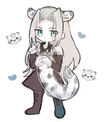 Rule 34 | 1boy, animal ears, animal hands, armor, black coat, black footwear, blush stickers, boots, cat boy, cat ears, cat tail, chest strap, chibi, coat, commentary, english commentary, final fantasy, final fantasy vii, full body, green eyes, grey hair, heart, high collar, highres, kemonomimi mode, knee boots, leopard boy, leopard ears, leopard tail, long bangs, long coat, long hair, long sleeves, looking up, male focus, open clothes, open coat, parted bangs, pauldrons, plamt cat, sephiroth, shoulder armor, simple background, sketch, slit pupils, snow leopard, snow leopard boy, snow leopard ears, snow leopard tail, solo, tail, white background