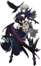 Rule 34 | 1girl, ark order, armor, bird, black dress, black footwear, black gloves, black wings, blue eyes, boots, breasts, crow, dress, elbow gloves, feathered wings, frilled skirt, frills, full body, gauntlets, gebijiade 89, gloves, grey skirt, grin, hand on own hip, highres, knee boots, large breasts, layered skirt, looking at viewer, morrigan (ark order), multiple wings, official art, short hair, shoulder armor, skirt, smile, solo, standing, tachi-e, torn clothes, torn dress, torn gloves, transparent background, white hair, winged footwear, wings