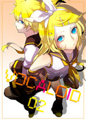 Rule 34 | 1boy, 1girl, aqua eyes, arm warmers, bad id, bad pixiv id, blonde hair, brother and sister, dine, from above, hair ornament, hair ribbon, hairclip, kagamine len, kagamine rin, necktie, ribbon, short hair, siblings, twins, vocaloid, yellow necktie