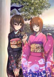 Rule 34 | 2girls, black kimono, blue sky, blush, brown eyes, brown hair, closed eyes, closed mouth, commentary, dawn, floral print, furisode, girls und panzer, gradient sky, hatsumoude, highres, horizon, japanese clothes, kakimoto nao, kimono, long sleeves, looking at another, multiple girls, new year, nishizumi maho, nishizumi miho, obi, open mouth, orange sky, outdoors, pink kimono, print kimono, sash, short hair, siblings, sisters, sky, smile, standing, tree, v arms, wide sleeves