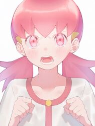 Rule 34 | 1girl, blush, buttons, collarbone, commentary request, creatures (company), game freak, hair ornament, hairclip, hands up, highres, kana (kanna runa0620), long hair, looking at viewer, nintendo, open mouth, pink eyes, pink hair, pokemon, pokemon hgss, shirt, solo, tearing up, teeth, tongue, twintails, upper body, white background, white shirt, whitney (pokemon)