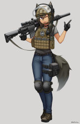 Rule 34 | 1girl, ;d, absurdres, animal ear fluff, animal ears, black gloves, black hair, blue pants, brown footwear, commentary request, escape from tarkov, fake animal ears, fang, gloves, grey background, grey shirt, gun, hair between eyes, hand up, highres, holding, holding gun, holding weapon, index finger raised, knee pads, long hair, looking at viewer, ndtwofives, one eye closed, open mouth, original, pants, purple eyes, rifle, scope, shirt, shoes, short sleeves, simple background, smile, sniper rifle, solo, sr-25, tactical clothes, tail, transparent, twitter username, weapon