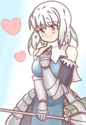 Rule 34 | 1girl, armor, bare shoulders, blue dress, breasts, detached sleeves, dress, gauntlets, gloves, heart, holding, holding staff, looking at viewer, medium breasts, sharon (unicorn overlord), smile, staff, unicorn overlord, white hair
