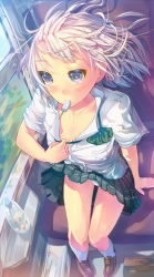 Rule 34 | 1girl, blush, breasts, cleavage, daito, food, green eyes, mouth hold, original, panties, pantyshot, popsicle, short hair, silver hair, small breasts, solo, underwear, undressing