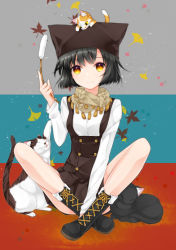 Rule 34 | 1girl, animal, animal hat, animal on head, black hair, boots, cat, cat hat, cat on head, cat teaser, dress, hat, indian style, juna, original, scarf, short hair, sitting, smile, solo, yellow eyes