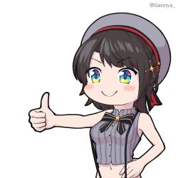 Rule 34 | 1girl, artist name, bare shoulders, beret, black hair, black ribbon, blouse, blue eyes, blush stickers, c:, chibi, commentary, english commentary, green eyes, grey shirt, hand on own hip, hat, hololive, midriff, multicolored eyes, navel, oozora subaru, oozora subaru (work), outstretched hand, ribbon, shirt, short hair, sleeveless, sleeveless shirt, smile, solo, striped clothes, striped shirt, suspenders, swept bangs, thumbs up, tian nya, transparent background, twitter username, upper body, vertical-striped clothes, vertical-striped shirt, virtual youtuber, white hat