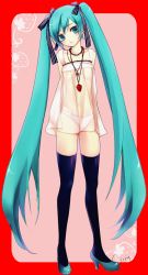 Rule 34 | 1girl, aqua eyes, aqua hair, arms behind back, bad id, bad pixiv id, chm, female focus, flat chest, food, fruit, full body, hair ribbon, hatsune miku, high heels, jewelry, legs, long hair, necklace, panties, ribbon, see-through, shoes, solo, strawberry, thighhighs, twintails, underwear, very long hair, vocaloid