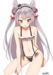 Rule 34 | 10s, 1girl, amatsukaze (kancolle), artist name, bikini, blush, brown eyes, collarbone, flat chest, grey hair, hat, kantai collection, long hair, looking at viewer, mini hat, navel, open mouth, sensen, simple background, solo, swimsuit, twintails, two side up, white background