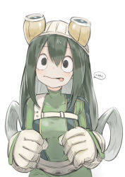 Rule 34 | 10s, 1girl, :p, asui tsuyu, belt, black eyes, blush, bodysuit, boku no hero academia, closed mouth, frog girl, gloves, goggles, goggles on head, green bodysuit, green hair, hair between eyes, hair rings, long hair, long sleeves, looking at viewer, mins (minevi), simple background, solo, standing, tongue, tongue out, upper body, white background, white gloves