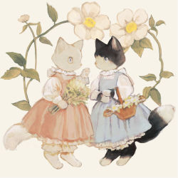Rule 34 | animal, animal focus, basket, black cat, bloomers, blue dress, bouquet, bow, cat, cat tail, dress, floral background, flower, frilled dress, frills, full body, highres, holding, holding bouquet, kitten, leaf, long sleeves, no humans, original, pawpads, pink dress, simple background, slit pupils, standing, tail, tono (rt0no), underwear, white cat, white flower