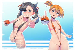 Rule 34 | 1girl, 2girls, abs, asymmetrical hair, bare shoulders, bikini, breasts, cleft of venus, cowboy shot, creatures (company), female pubic hair, game freak, green eyes, gym leader, hair tie, holding, holding poke ball, interracial, kagato007, looking at viewer, marnie (pokemon), medium breasts, misty (pokemon), multiple girls, navel, nintendo, nipples, one-piece swimsuit, orange hair, poke ball, pokemon, pokemon rgby, pokemon swsh, ponytail, pubic hair, short hair, side ponytail, sitting, slingshot swimsuit, smile, solo, swimsuit, thighs