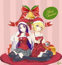 Rule 34 | 2girls, bell, black legwear, blonde hair, blouse, blue eyes, box, christmas, christmas ornaments, english text, full body, gift, gift box, hat, highres, holding, long hair, looking at viewer, multiple girls, no shoes, philia (sao), pink background, pom pom (clothes), purple hair, red eyes, red shirt, santa costume, santa hat, shirt, sitting, smile, sword art online, thighhighs, v, very long hair, yuuki (sao)