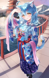 Rule 34 | 1girl, absurdres, ahoge, animal ear fluff, animal ears, blue hair, blue kimono, breasts, cat ears, cat girl, cat tail, elf, eshineko, hair between eyes, hair ornament, hairclip, hand up, hatsumoude, heart, heart ahoge, highres, hololive, japanese clothes, kimono, large breasts, long hair, long sleeves, looking at viewer, new year, outdoors, parted lips, pointy ears, smile, solo, standing, tail, virtual youtuber, wide sleeves, yellow eyes, yukihana lamy, yukihana lamy (new year)