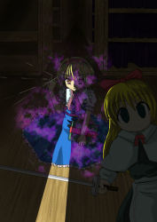 Rule 34 | 1girl, alice margatroid, apron, blonde hair, blue dress, blue eyes, capelet, crack of light, crazy eyes, dark, doll, dress, female focus, holding, holding sword, holding weapon, indoors, library, light, long hair, looking at viewer, shanghai doll, short hair, solo, sword, tareme, touhou, unsheathed, very long hair, waist apron, weapon, wide-eyed, wooden floor