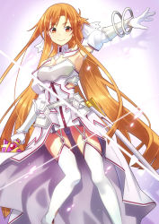 Rule 34 | 1girl, armor, armored dress, armpits, asuna (sao), asuna (stacia), breastplate, breasts, brown eyes, brown hair, cleavage, closed mouth, detached collar, detached sleeves, dress, floating hair, gloves, highres, holding, is ii, long hair, long sleeves, looking at viewer, medium breasts, outstretched arm, short dress, small breasts, smile, solo, sword art online, sword art online: alicization, thighhighs, thighs, very long hair, white armor, white dress, white gloves, white sleeves, white thighhighs