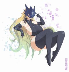 1girl akaryuuseiart beelstarmon black_mask blonde_hair breasts digimon eye_mask helmet highres sideboob sitting solo thighhighs third_eye