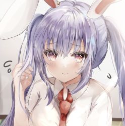 Rule 34 | 1girl, alternate hairstyle, animal ears, backlighting, blush, breasts, flying sweatdrops, hand up, highres, indoors, large breasts, light rays, light smile, long hair, looking at viewer, maruro, necktie, pink eyes, purple eyes, rabbit ears, red necktie, reisen udongein inaba, shirt, solo, touhou, twintails, upper body, very long hair, white shirt
