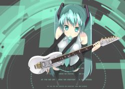 Rule 34 | 1girl, aqua eyes, aqua hair, binary, boots, detached sleeves, electric guitar, from above, guitar, hatsune miku, instrument, long hair, looking at viewer, mouth hold, necktie, nino (aquarius), nino h, plectrum, skirt, solo, thigh boots, thighhighs, twintails, very long hair, vocaloid